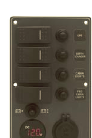 Aluminium IP66 Switch Panel with Battery Gauge Socket and USB Charger (Dark grey)