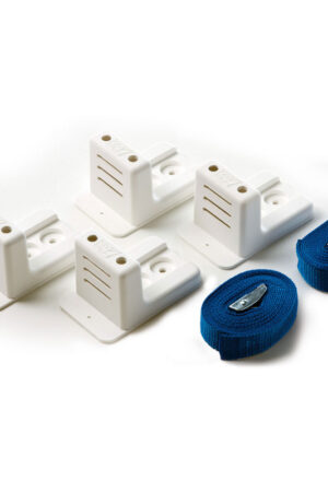 White fixing kit with brackets and belts